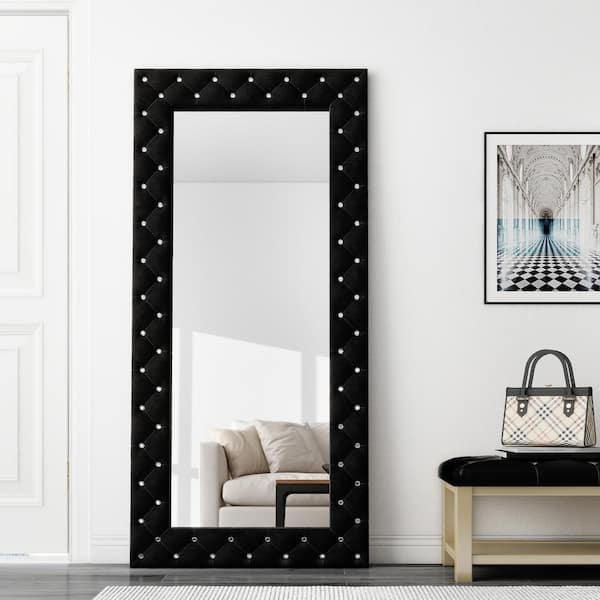 THKSHOUZ 33 in. W x 71 in. H Tufted Black Large Floor Mirror Full Length Mirror with Crystal Finished