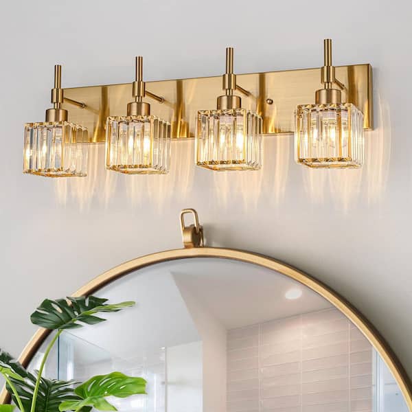EDISLIVE Orillia 26.4 in. 4-Light Gold Crystal Bathroom Vanity Light with Shades for Bathroom Powder Room Kitchen