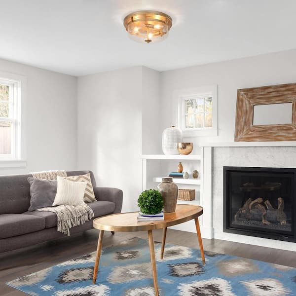 13.5 in. 3-Light Gold Drum Flush Mount Light Modern Circle Ceiling Light with Clear Seedy Glass Shade for Entry Kitchen