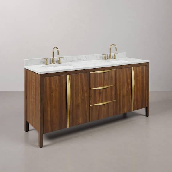 Ferrero 72 in. W Double Sink Bath Vanity in Noir Juglans with Carrara White Marble Top with White Basin and Gold Faucet