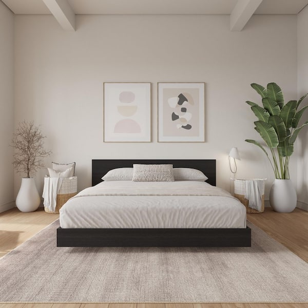 Satori Black Frame Queen Size Low Profile Platform Bed with Headboard