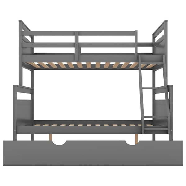 STICKON Gray Twin Over Full Size Bunk Bed with Twin Size Trundle
