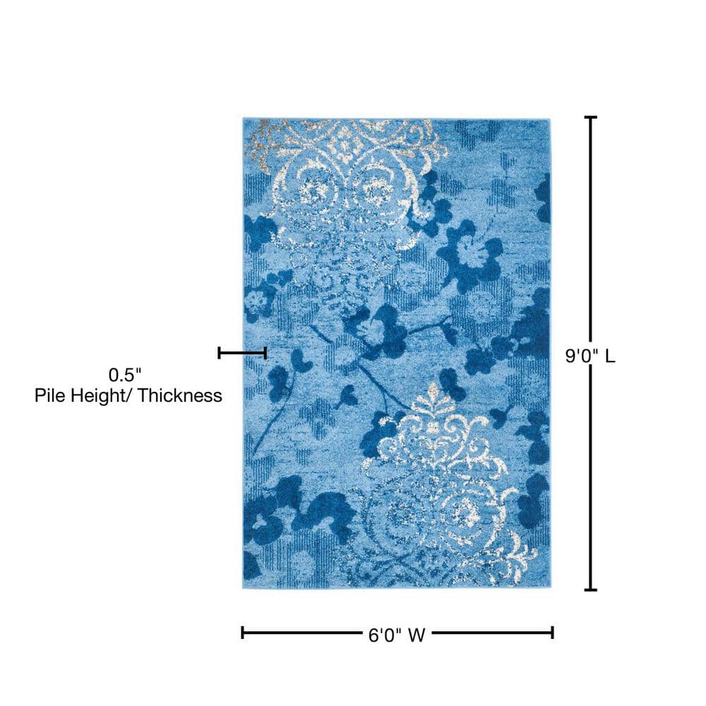 Adirondack Light Blue and Dark Blue Floral Area Rug, 6' x 9'