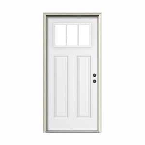 36 in. x 80 in. 3 Lite Craftsman White Painted Steel Prehung Left-Hand Inswing Front Door w/Brickmould