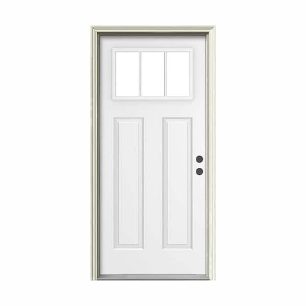 JELD-WEN 36 in. x 80 in. 3 Lite Craftsman White Painted Steel Prehung Left-Hand Inswing Front Door w/Brickmould