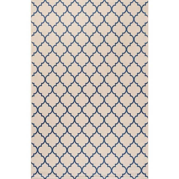 Arabesque Ogee Trellis Beige/Navy 5 ft. x 8 ft. Indoor/Outdoor Area Rug