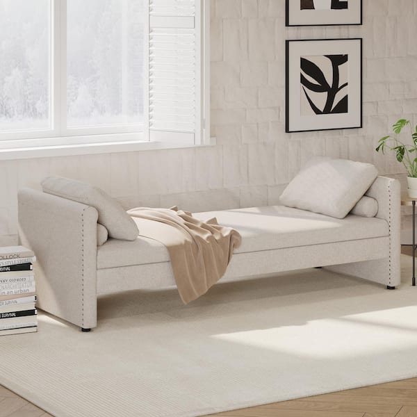 Harper & Bright Designs Beige Linen Upholstered Chaise Lounge with 2 Pillows