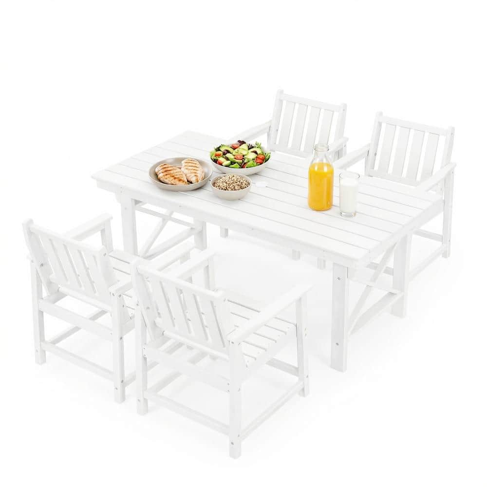 5-Piece HDPE Patio Dining Set, 4 Dining Chairs and Rectangle Dining Table with Umbrella Hole, White price history on PriceWatchPro