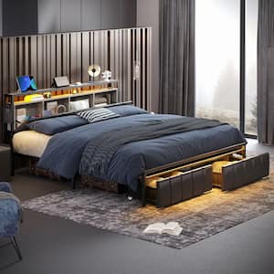 Gray Metal Frame Queen Size Platform Bed with Storage Drawers and LED Headboard with Charging Station