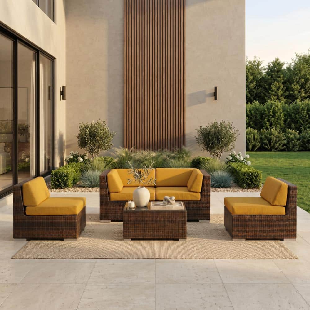 Ohana Mixed Brown 5-Piece Wicker Patio Seating Set with Sunbrella Sunflower Yellow Cushions