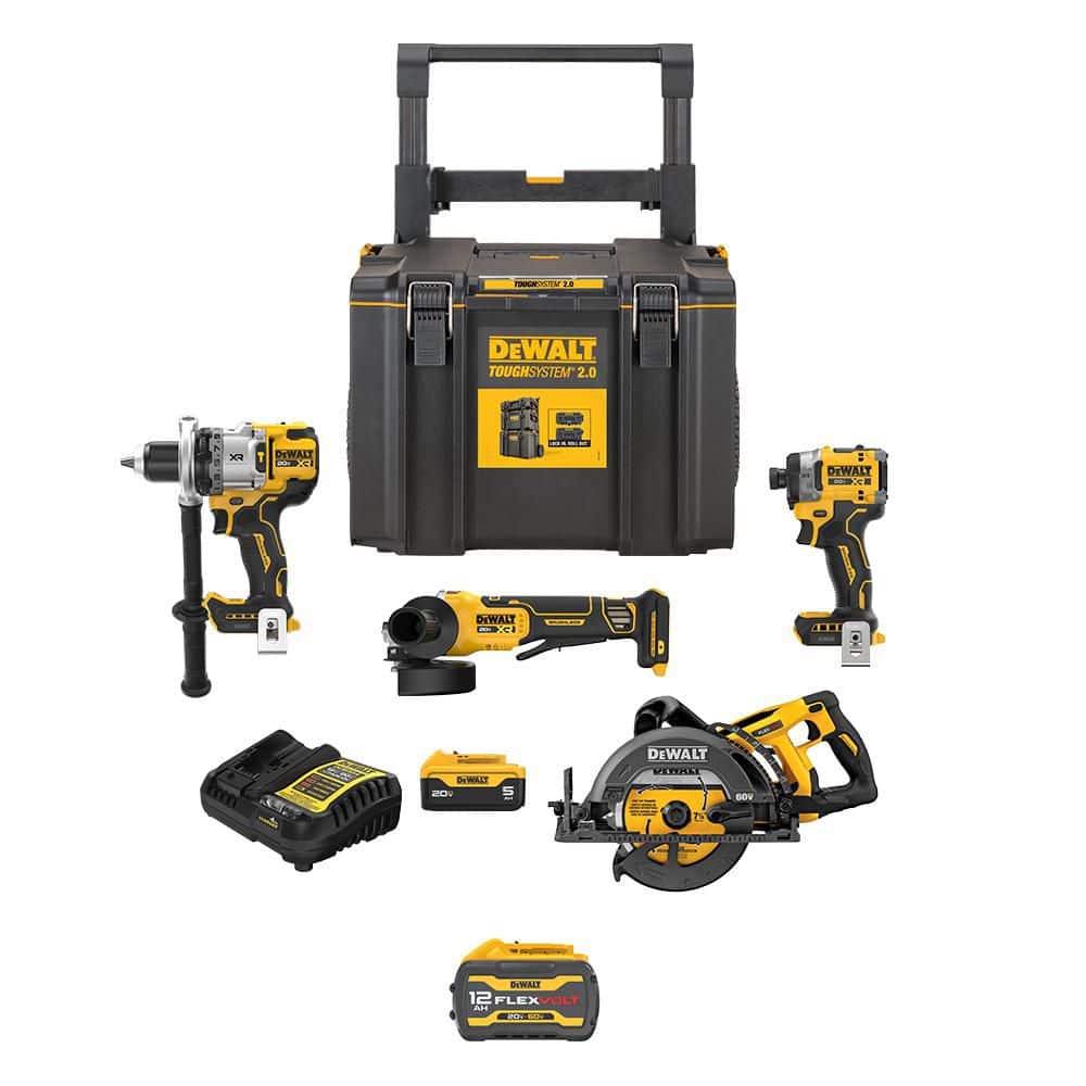 DeWalt 20V Lithium-Ion Cordless Combo Kit (4-Tool) with FLEXVOLT 12 Ah & 20V 5 Ah Batteries, Charger & TOUGHSYSTEM 2.0 Toolbox