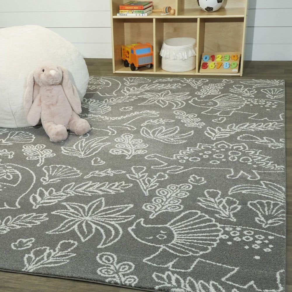 Gray Synthetic Non-slip Rectangular Kids' Dinosaur Rug