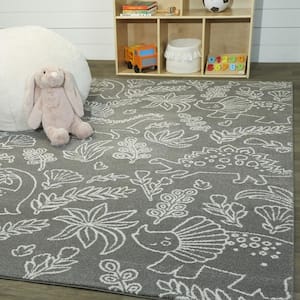 Happy Dinos Grey 5 ft. 3 in. x 7 ft. Novelty Area Rug