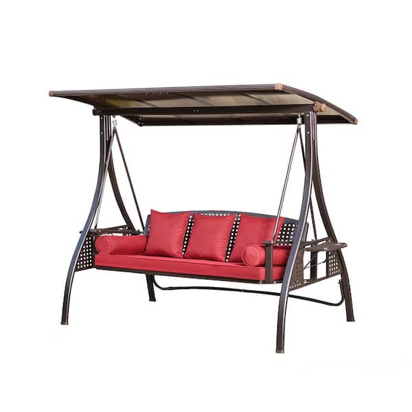Zeus & Ruta 3-Person Metal Patio Swing Bench with Wine Red Cushion and Adjustable Canopy for Outdoor Garden Patio Porch and Poolside