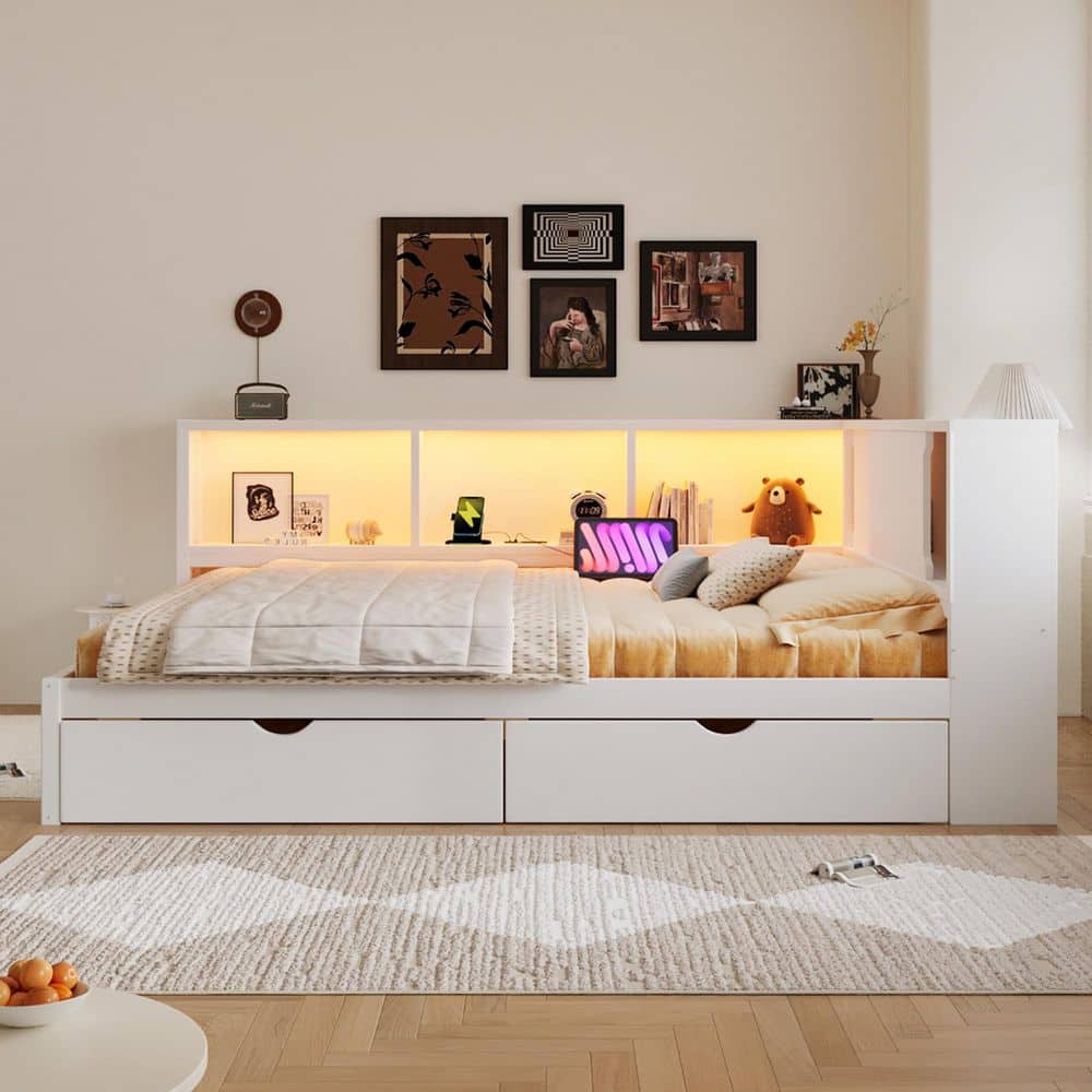 White Pine Wood Frame Queen Platform Bed with Storage Shelves, USB, LED, and 2-Drawers price history on PriceWatchPro
