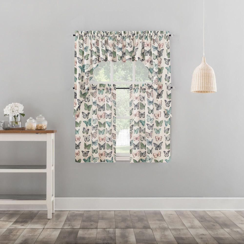 Blue Butterfly Print Sheer Polyester Kitchen Curtain Swag Pair