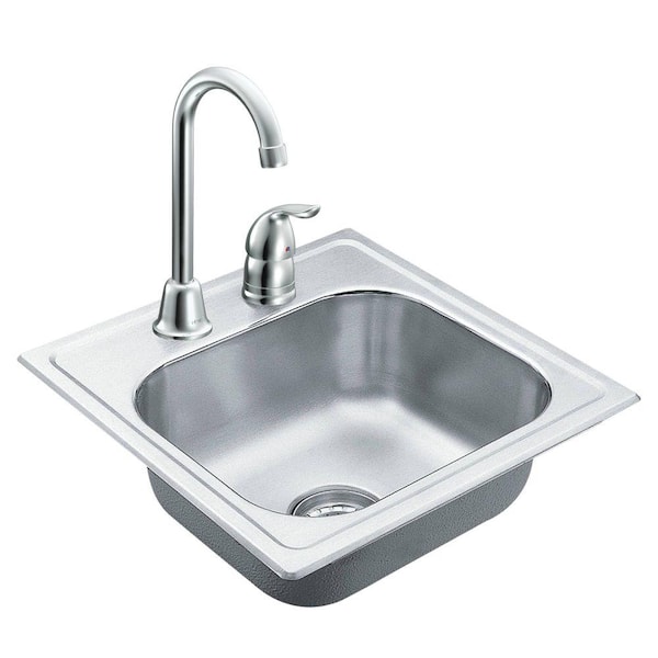 MOEN 2000 Series Drop-in Stainless Steel 15 in. 2-Hole Single Bowl Bar Sink with faucet
