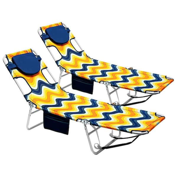 Clihome Outdoor Metal Frame Orange Wave Beach Chair Lounge Chair with Footrest and Side Pocket (Set of 2)