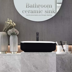 Black and White Ceramic Rectangular Vessel Sink in Black Faucet