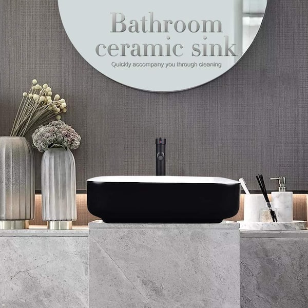 Black and White Ceramic Rectangular Vessel Sink in Black Faucet