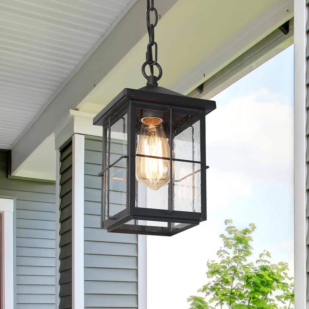 Matte Black Seeded Glass 1-Light Outdoor Pendant Lantern