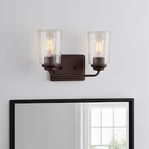 Evangeline 13-5/8 in. 2-Light Modern Bronze Farmhouse Bathroom Vanity Light with Clear Seeded Glass Shades
