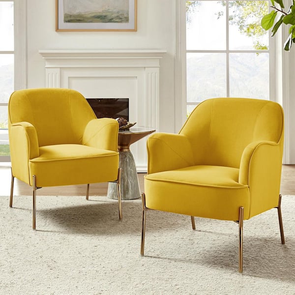 JAYDEN CREATION Nora Modern Mustard Velvet Accent Arm Chair with Gold Metal Legs (Set of 2)