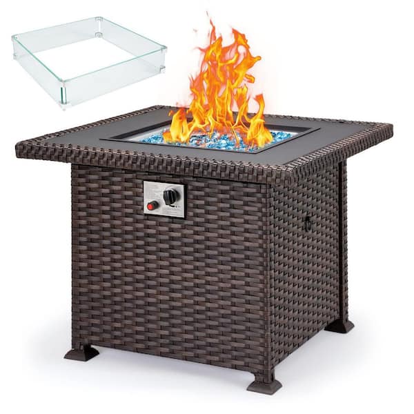 Zeus & Ruta 32.1 in. Brown Square Wicker Fire Pit Table with Glass Wind Guard