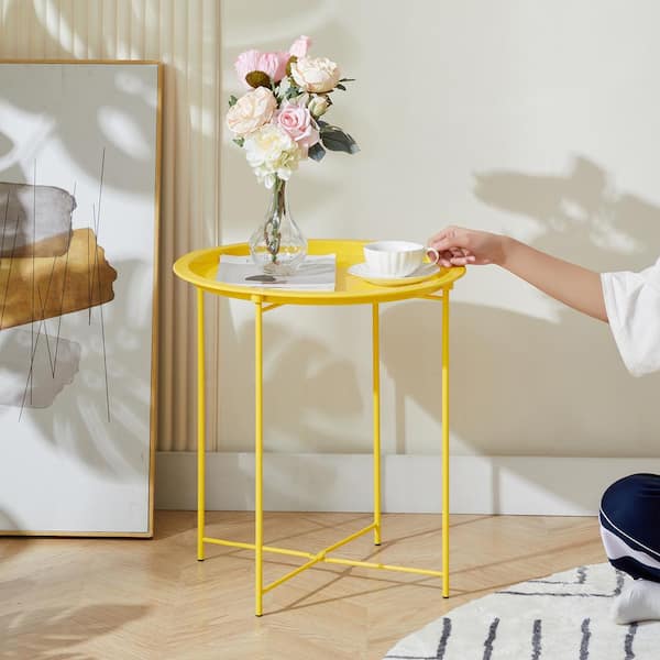 Round Side/End Table, Folding Round Metal Anti-Rust and Waterproof Outdoor or Indoor Tray, 18.5 in. W Yellow Set of 2