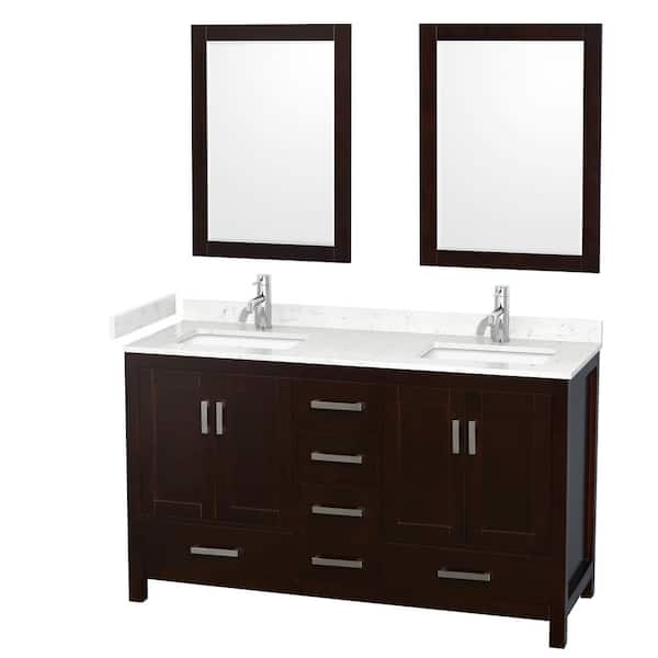 Wyndham Collection Sheffield 60 in. W x 22 in. D x 35 in. H Double Bath Vanity in Espresso with Carrara Cultured Marble Top and 24" Mirrors