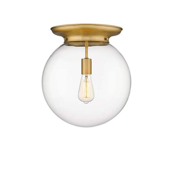 Beacon 14 in. 1-Light Brushed Brass Art Nouveau Flush Mount with Clear Glass Shade