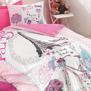 Pink Paris Cotton Duvet Cover Set, Twin Size Duvet Cover, 1 Duvet Cover, 1 Fitted Sheet and 2 Pillowcases, Child Room