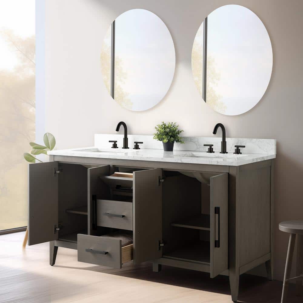 Driftwood Gray 60" Double Sink Bathroom Vanity with Marble Countertop