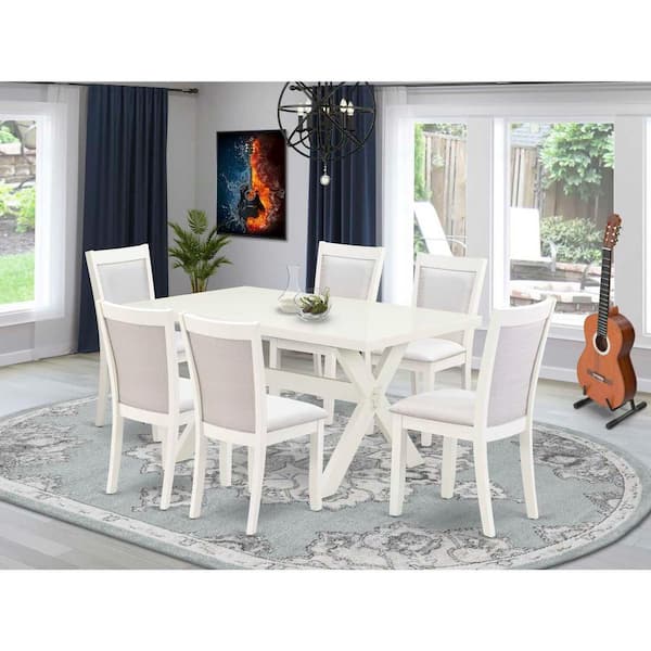 7-Piece Wire Brushed Linen White Finish Solid Wood Top Dining Set with 1 table, 6 Upholstered-Chairs with Lattice Back