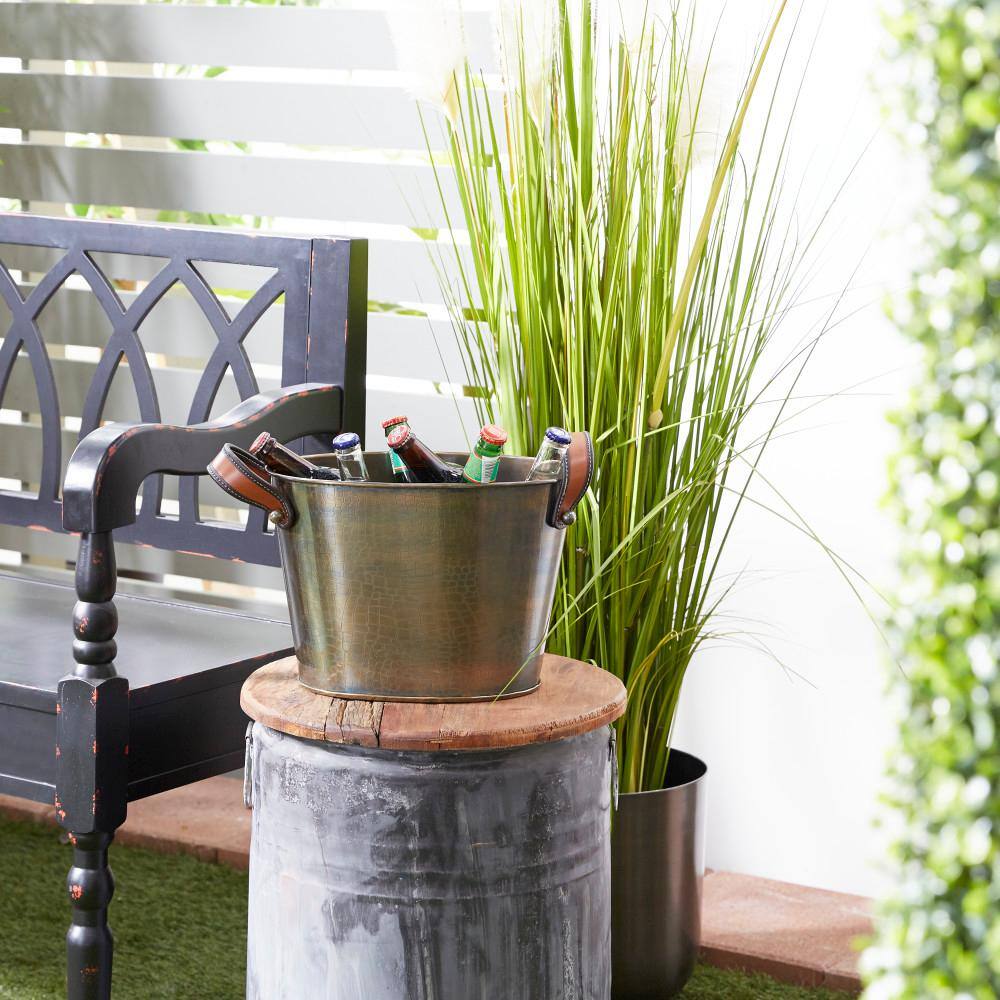 Bronze Metal 6-Bottle Ice Bucket with Leather Handles