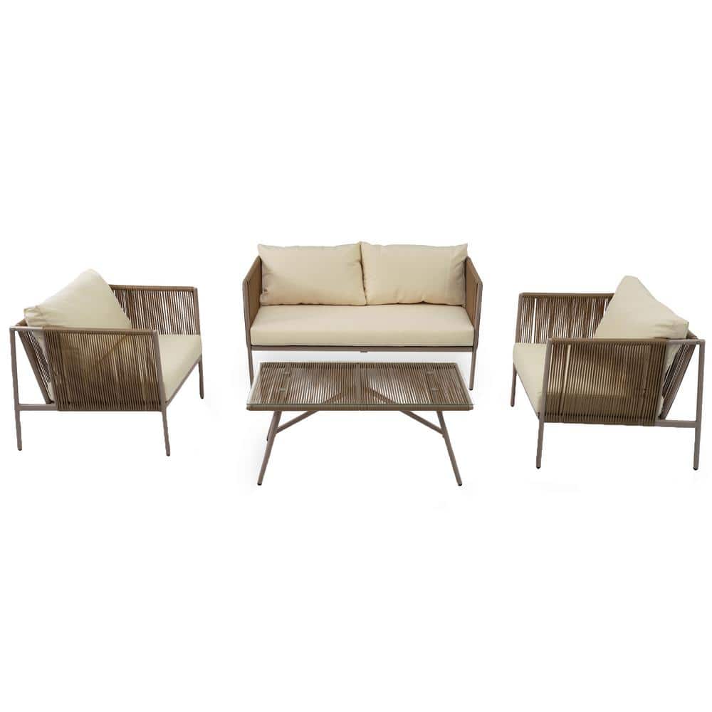 4-Piece Metal Iron Rope Outdoor Patio Conversation Sectional Set with Thick Beige Cushions and Toughened Glass Table price history on PriceWatchPro