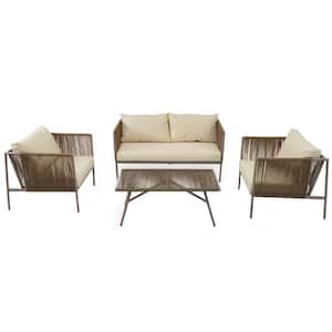 4-Piece Metal Iron Rope Outdoor Patio Conversation Sectional Set with Thick Beige Cushions and Toughened Glass Table