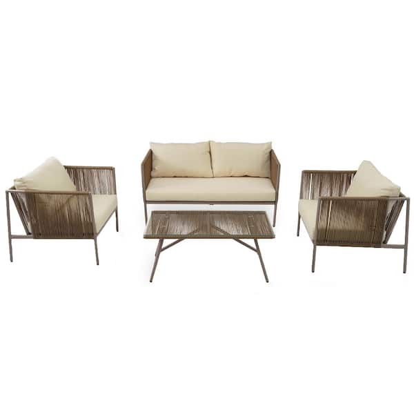 Runesay 4-Piece Metal Iron Rope Outdoor Patio Conversation Sectional Set with Thick Beige Cushions and Toughened Glass Table