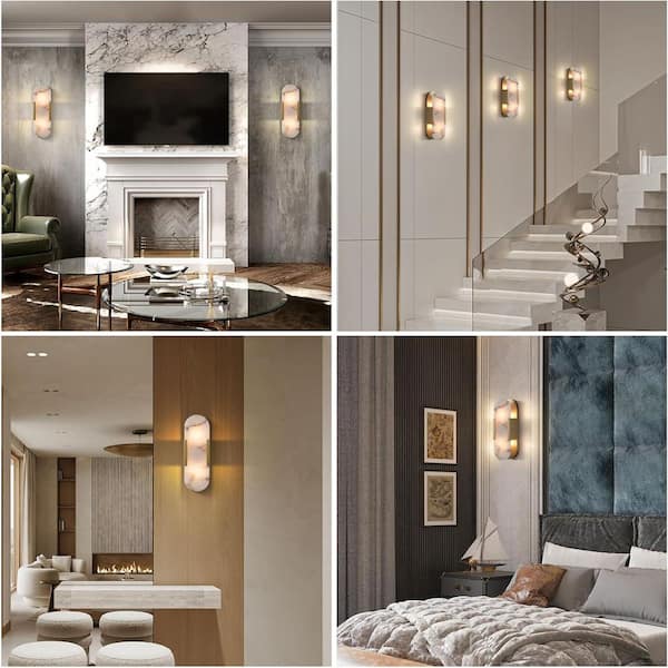 2-Light 4.6 in. Brass Alabaster Wall Sconce w/ Alabaster Shade,Wall Lamp for Living Rooms, Hallways, Bedrooms (2-Piece)