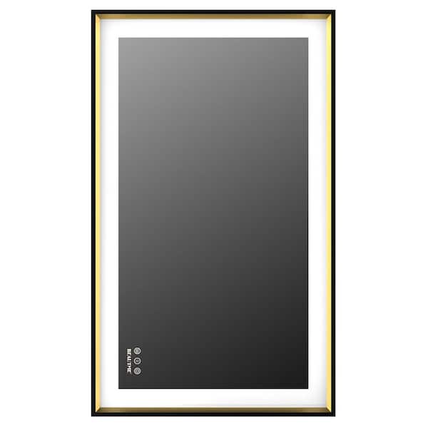 Bnuina Beautme 40 in. W x 24 in. H Rectangular Aluminum Framed LED Wall Bathroom Vanity Mirror in Black Gold Storage Shelf