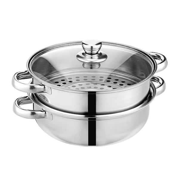 3-Piece Stainless Steel Steamer Pot Set Silver Induction Compatible Dishwasher Safe Multipurpose Cookware with Lid