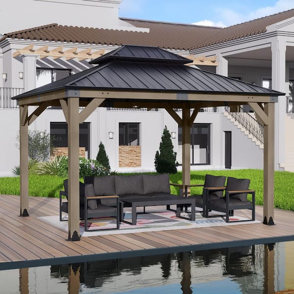 Aoodor 14 ft. x 12 ft. Light Gray Cedar Wood Frame Gazebo with 2-Tier Galvanized Metal Roof