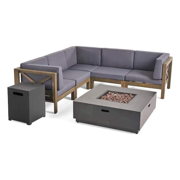 Noble House Culatra Grey 7-Piece Wood Patio Fire Pit Sectional Seating Set with Dark Grey Cushions