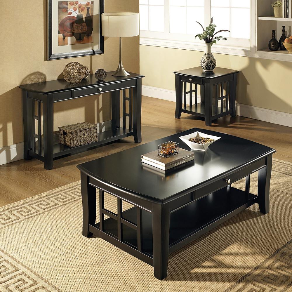 Black Rectangular Wood Coffee Table with Storage and Shelf