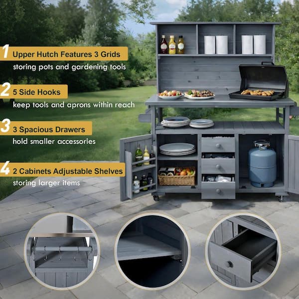 Gray Wood 65 in. H 3-in-1 Garden Potting Bench Kitchen Island with