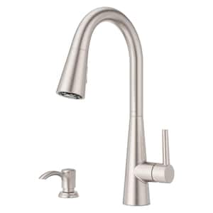 Barulli Single Handle PullDown Sprayer Kitchen Faucet w Deckplate Included, Soap Dispenser in Stainless Steel
