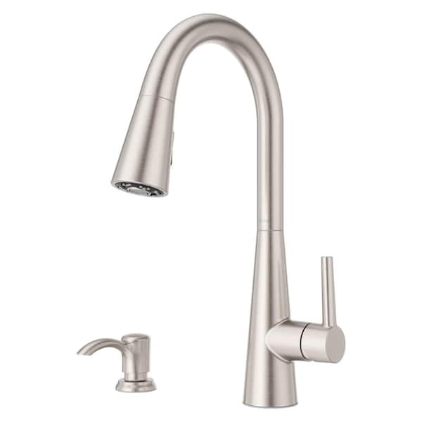 Pfister Barulli Single Handle PullDown Sprayer Kitchen Faucet w Deckplate Included, Soap Dispenser in Stainless Steel