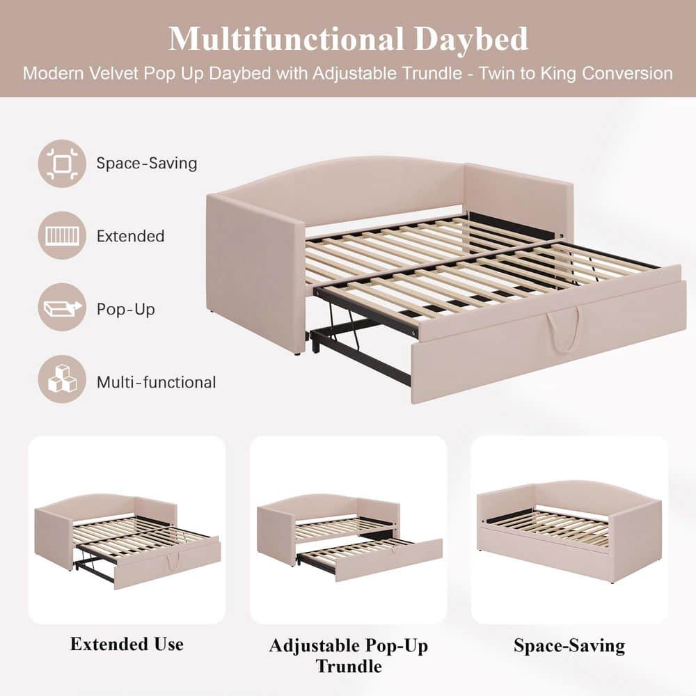 Gray Twin to King Size Velvet Upholstered Daybed with Extended Pop-Up Trundle - thumbnail 3