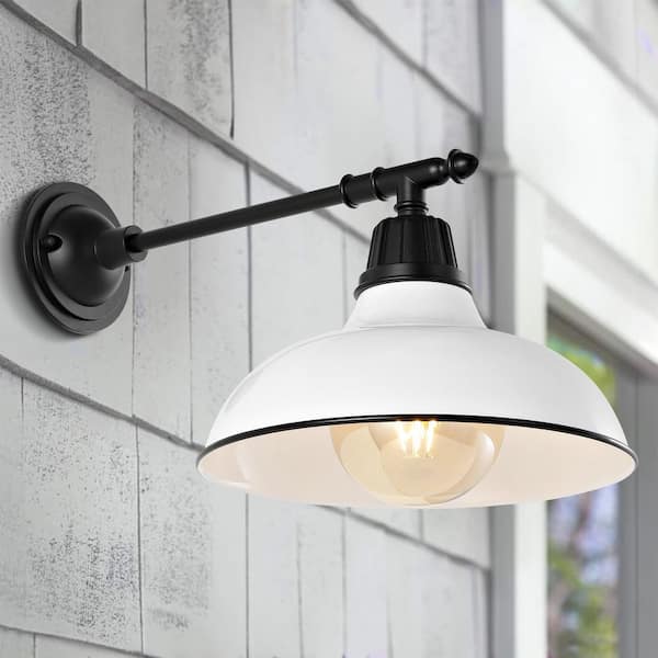 JONATHAN Y Wallace 12.25 in. White 1-Light Farmhouse Industrial Indoor/Outdoor Iron LED Victorian Arm Outdoor Sconce
