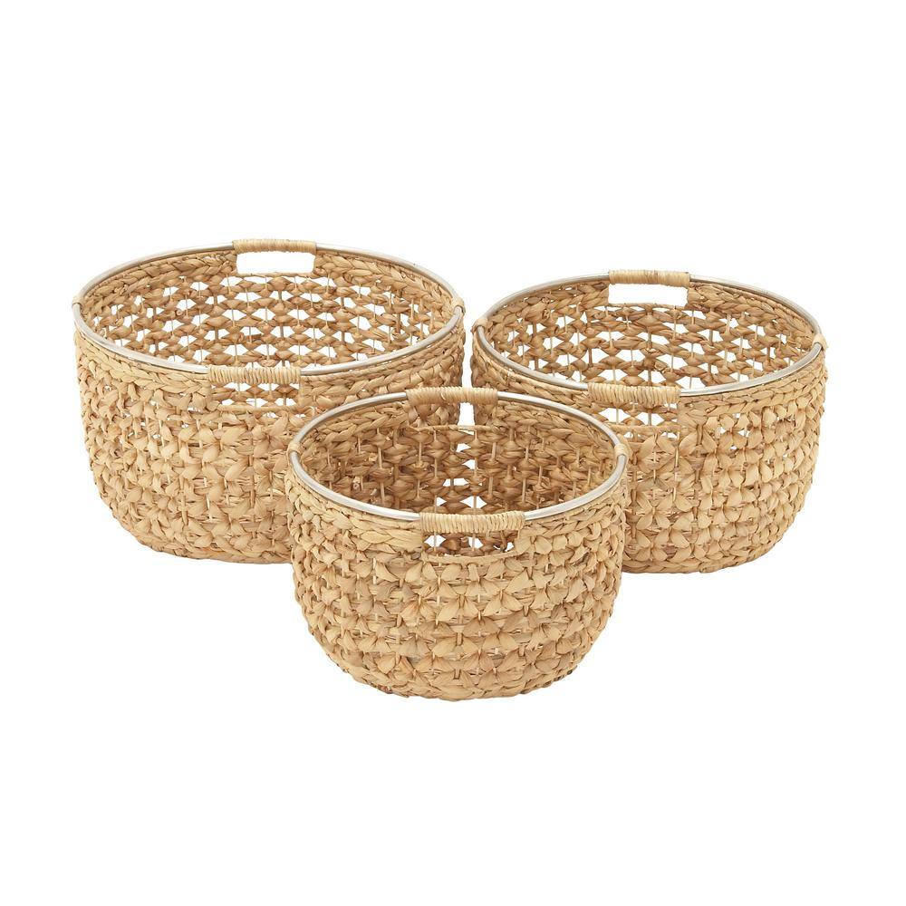 Polished Seagrass Round Storage Basket with Metal Handles